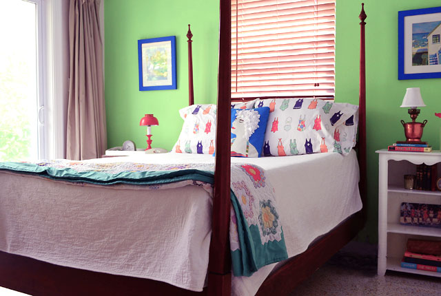 An "after" photo of our summery beach house guest room