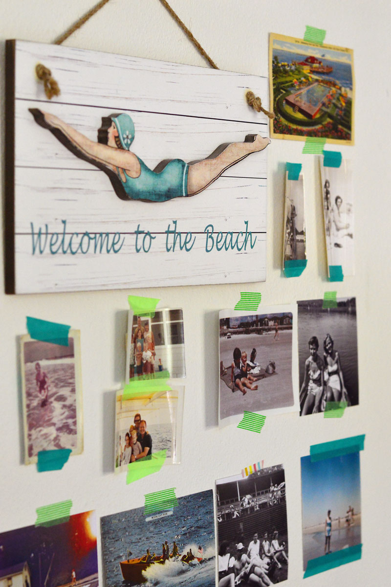 For our beach bedroom makeover a retro swimmer Welcome to the Beach sign went perfectly with our theme