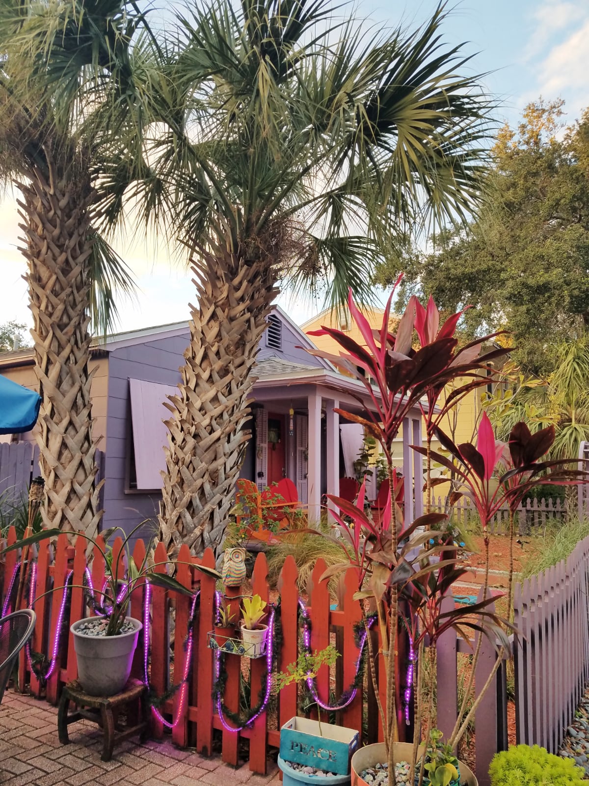 Purple cottage with a red picket fence Gulfport Florida