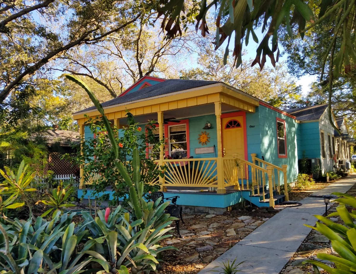 Turquoise bungalows with yellow and coral trim in Gulfport Florida
