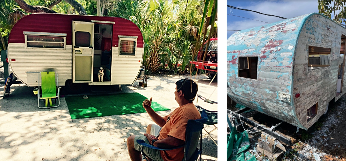 Mimosas and Moonshine's camper, Lulu, before and during her renovation