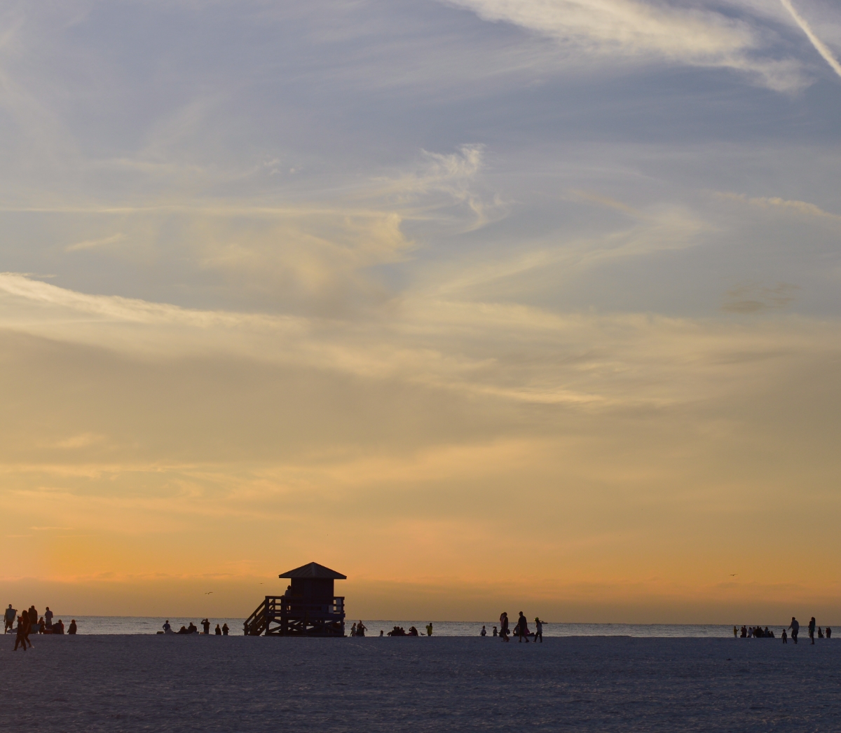 Siesta Key beach at sunset, with lifeguard stand